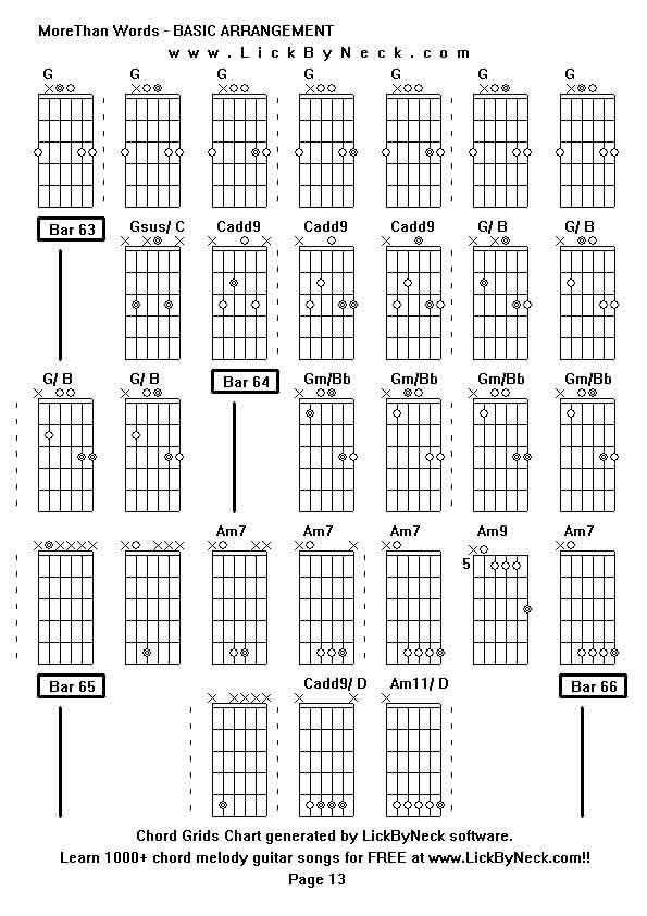 Chord Grids Chart of chord melody fingerstyle guitar song-MoreThan Words - BASIC ARRANGEMENT,generated by LickByNeck software.